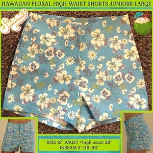 EUC JRS L COTTON Blue Shorts Coastal Hawiian Floral print retro pinup high waist